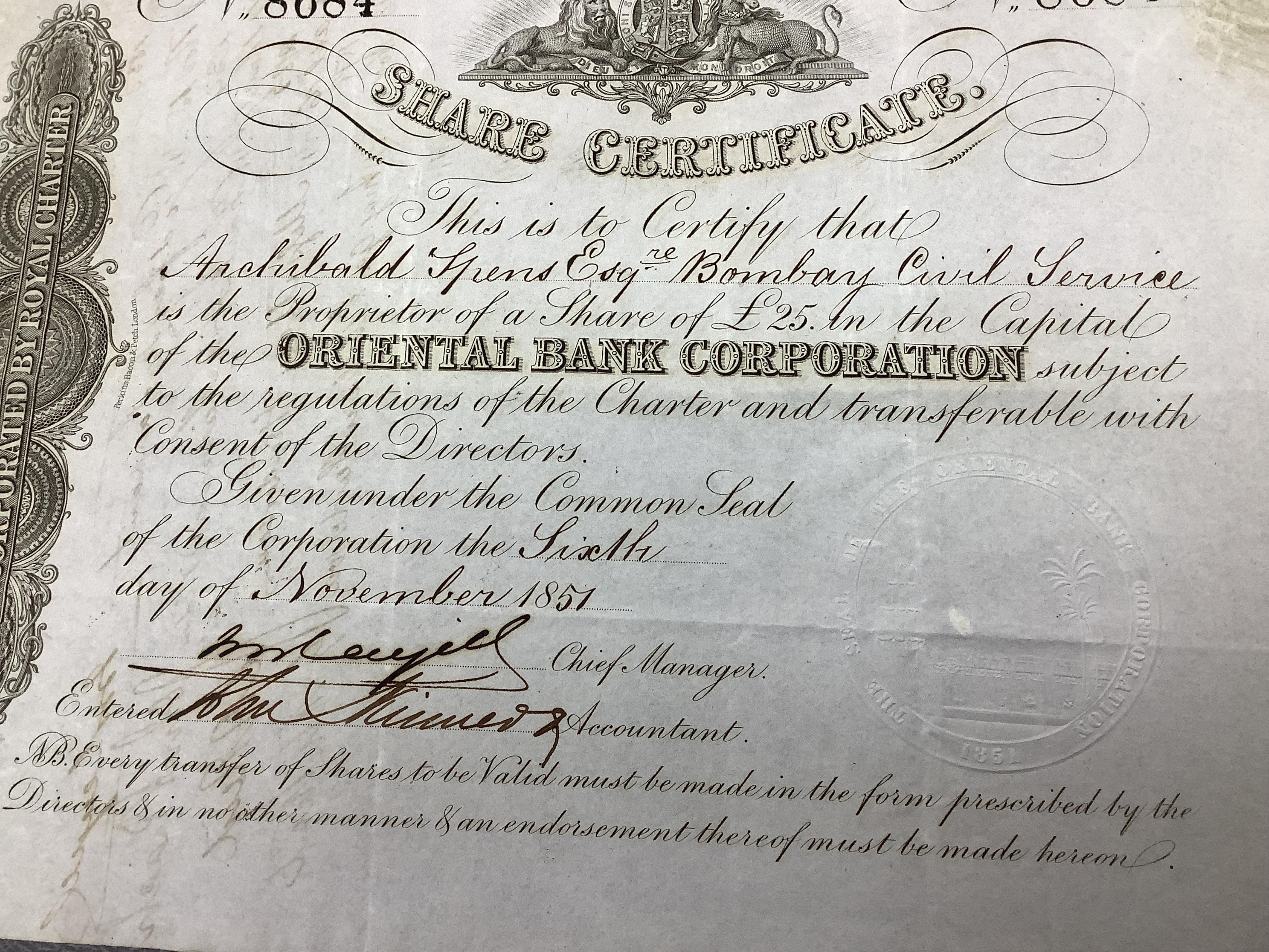 An album of mainly early to mid 20th century railway, bank and engineering share certificates, companies including; Norfolk Estuary Company, Martin’s bank Limited, the Waterloo, Cedar Falls & Northern Railroad, the St. L